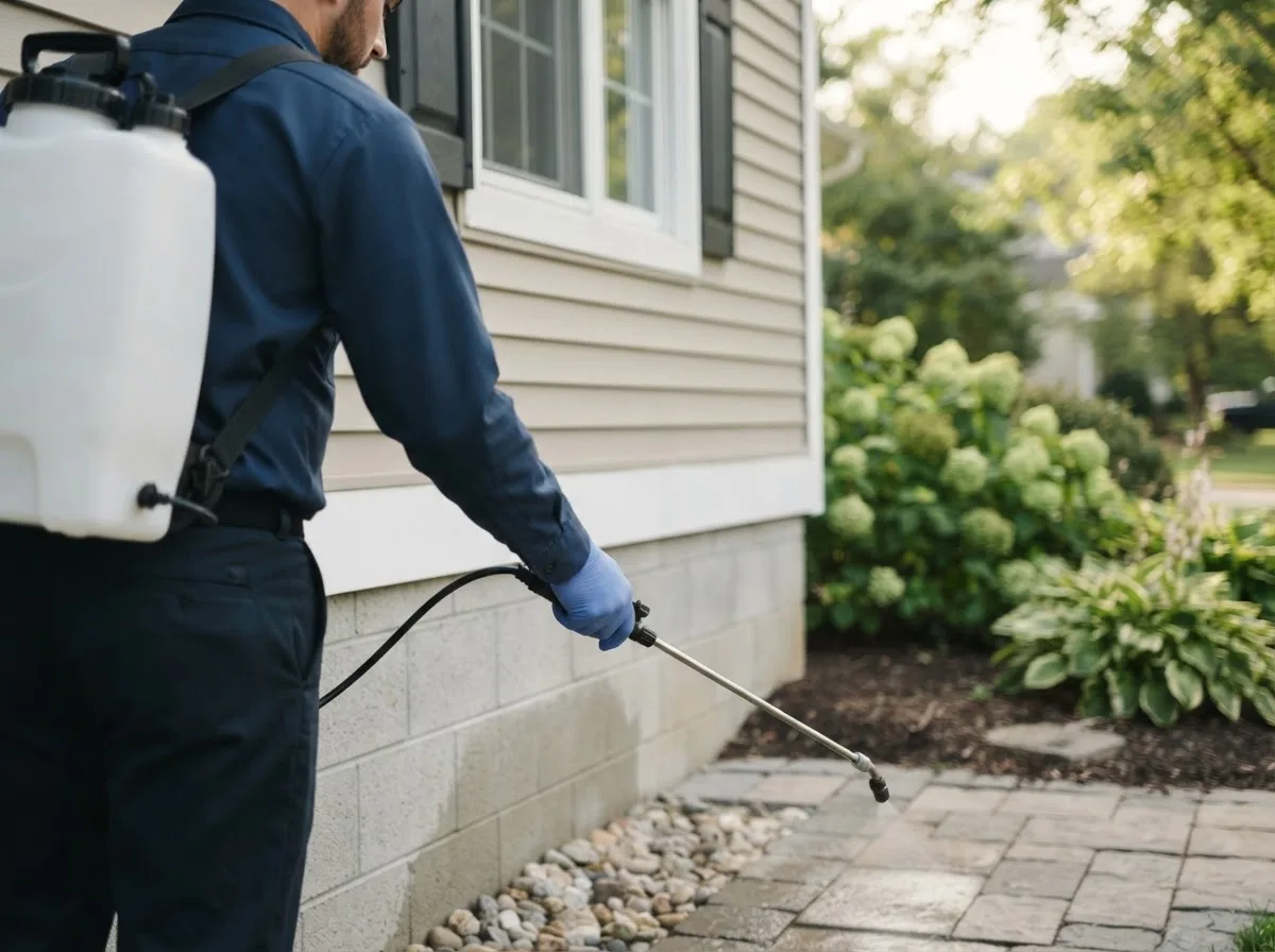 Pest control technician inspecting a home in Clayton, NC